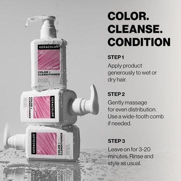 Three-step instructions for applying Keracolor Color + Clenditioner Light Pink to wet or dry hair