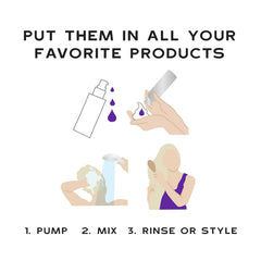 How to use Keracolor Kick Brass Purple Toning Drops: pump into a favorite hair product, mix, then rinse or style