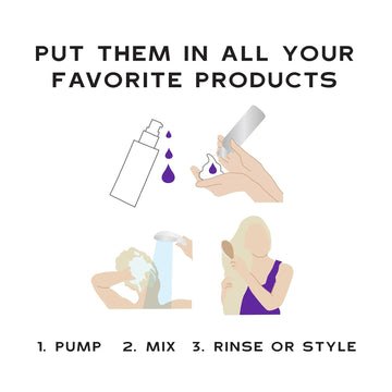 How to use Keracolor Kick Brass Purple Toning Drops: pump into a favorite hair product, mix, then rinse or style