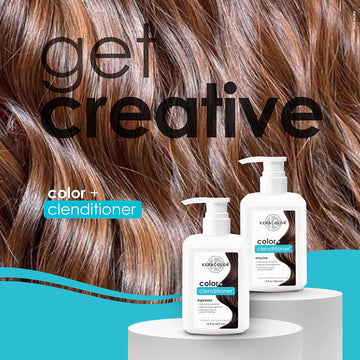 Keracolor Color + Clenditioner Espresso and Mocha 12 fl oz pump bottles displayed against glossy brunette hair