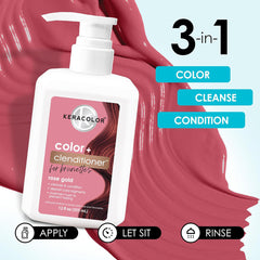 Keracolor Color + Clenditioner for Brunettes Rose Gold highlighting 3-in-1 color, cleansing, and conditioning with apply, let sit, and rinse steps