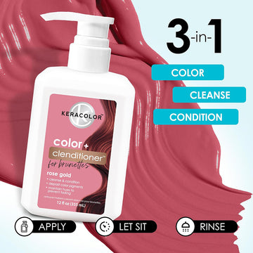 Keracolor Color + Clenditioner for Brunettes Rose Gold highlighting 3-in-1 color, cleansing, and conditioning with apply, let sit, and rinse steps