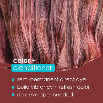 Rose gold brunette hair with Keracolor Color + Clenditioner benefits: semi-permanent direct dye, buildable vibrancy, color refresh, and no developer needed