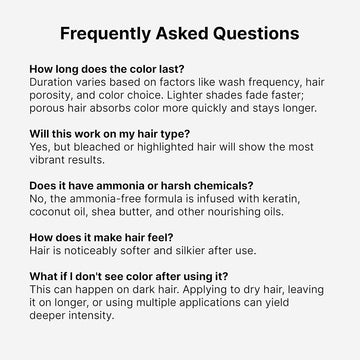 Keracolor Color + Clenditioner FAQ about color longevity, hair compatibility, formula, softness, and color intensity