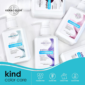 Assorted Keracolor Color + Clenditioner bottles highlighting paraben-free, gluten-free, cruelty-free, and sulfate-free color care