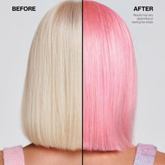 Platinum blonde hair before and light pink hair after using Keracolor Color + Clenditioner Light Pink