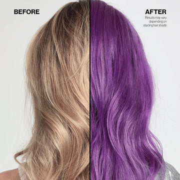 Before-and-after comparison showing blonde hair transformed to vivid purple with Keracolor Color + Clenditioner Purple