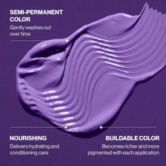 Keracolor Color + Clenditioner Purple cream swatch highlighting semi-permanent color that washes out gradually, nourishing care, and buildable pigment