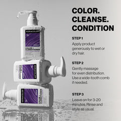 Keracolor Color + Clenditioner Purple instructions: apply to wet or dry hair, distribute evenly, leave for 3–20 minutes, rinse, and style