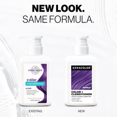 Keracolor Color + Clenditioner Purple 12 fl oz bottles comparing the existing and new packaging with the same formula