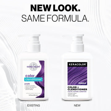 Keracolor Color + Clenditioner Purple 12 fl oz bottles comparing the existing and new packaging with the same formula