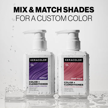 Keracolor Color + Clenditioner Purple and Rose Gold pump bottles showing shades that can be mixed for a custom hair color