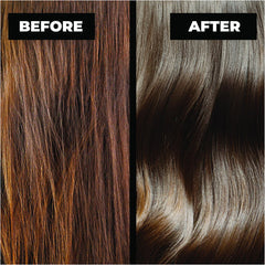 Before-and-after comparison showing brown hair with a smoother, glossier mocha finish after Keracolor High Shine Tinted Gloss Mocha