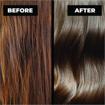 Before-and-after comparison showing brown hair with a smoother, glossier mocha finish after Keracolor High Shine Tinted Gloss Mocha