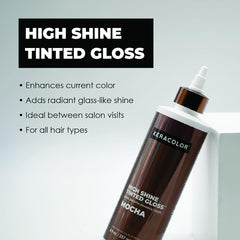 Keracolor High Shine Tinted Gloss Mocha highlighting color enhancement, glass-like shine, use between salon visits, and suitability for all hair types