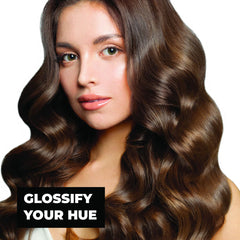 Model with long, glossy mocha brown waves demonstrating the result of Keracolor High Shine Tinted Gloss Mocha