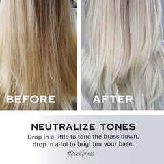 Before and after results showing brassy blonde hair transformed into a cooler blonde with Keracolor Kick Brass Purple Toning Drops