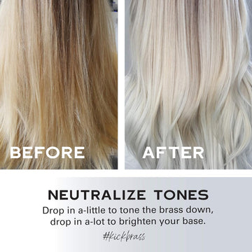 Before and after results showing brassy blonde hair transformed into a cooler blonde with Keracolor Kick Brass Purple Toning Drops
