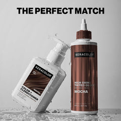 Keracolor Color + Clenditioner Mocha 12 fl oz and High Shine Tinted Gloss Mocha 8 fl oz displayed as a matching hair color duo