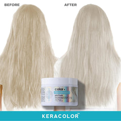 Before and after results showing warmer blonde hair transformed into a cooler platinum tone with Keracolor Toning Masque