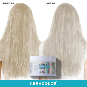 Before and after results showing warmer blonde hair transformed into a cooler platinum tone with Keracolor Toning Masque