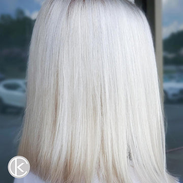 Smooth, shiny platinum blonde hair after using Keracolor Platinum Toning Masque