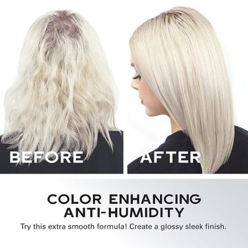 Before and after results showing smoother, sleeker blonde hair with Keracolor Preserve Plus Anti-Humidity Treatment