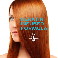 Model with smooth, shiny red hair highlighting the keratin-infused formula in Keracolor Purify Plus