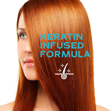Model with smooth, shiny red hair highlighting the keratin-infused formula in Keracolor Purify Plus