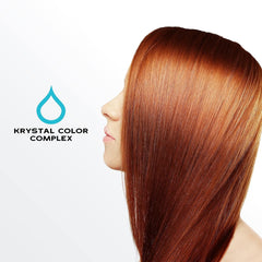 Model with smooth, shiny red hair highlighting the Krystal Color Complex in Keracolor Purify Plus