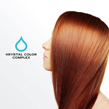 Model with smooth, shiny red hair highlighting the Krystal Color Complex in Keracolor Purify Plus