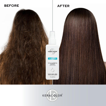 Before and after results showing smoother, shinier brown hair with Keracolor Purify Plus Leave-In Conditioning Treatment