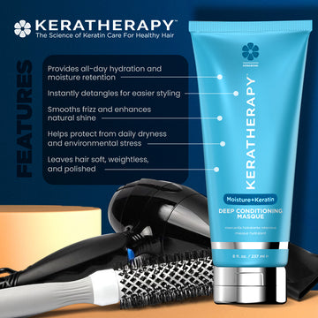 Keratherapy Moisture+Keratin Deep Conditioning Masque 8 oz with benefits including hydration, detangling, frizz smoothing, shine, and daily dryness protection