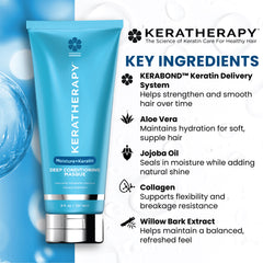 Keratherapy Moisture+Keratin Deep Conditioning Masque 8 oz with key ingredients including KERABOND keratin delivery system, aloe vera, jojoba oil, collagen, and willow bark extract