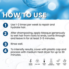 Keratherapy Deep Conditioning Masque usage guide showing weekly application to wet hair, a 3–5 minute processing time, rinsing, and optional heat processing