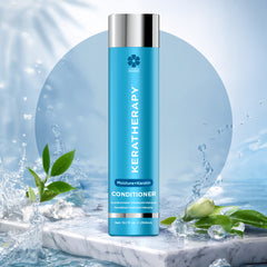 Keratherapy Moisture+Keratin Conditioner 10.1 oz bottle surrounded by water, green leaves, and ice