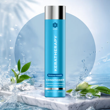 Keratherapy Moisture+Keratin Conditioner 10.1 oz bottle surrounded by water, green leaves, and ice