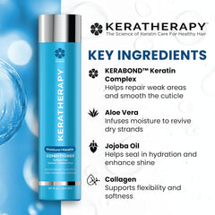 Keratherapy Moisture+Keratin Conditioner 10.1 oz bottle with key ingredients including keratin, aloe vera, jojoba oil, and collagen