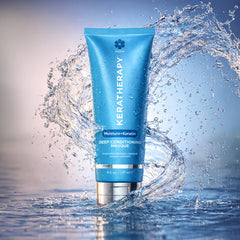 Keratherapy Moisture+Keratin Deep Conditioning Masque 8 oz tube surrounded by splashing water
