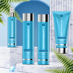 Keratherapy Moisture+Keratin collection display featuring leave-in conditioner, shampoo, conditioner, and deep conditioning masque