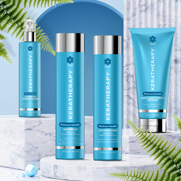 Keratherapy Moisture+Keratin collection display featuring leave-in conditioner, shampoo, conditioner, and deep conditioning masque