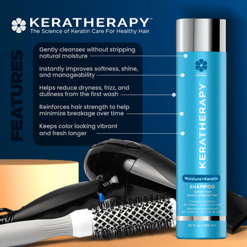 Keratherapy Moisture+Keratin Shampoo with styling tools and benefits including moisture retention, improved softness and shine, frizz reduction, strength support, and color vibrancy