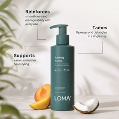 Loma Calming Crème 8 oz shown with smoothing, detangling, and heat-styling benefits