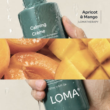 Loma Calming Crème shown in a wet product lifestyle graphic with apricot and mango aromatherapy