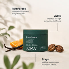 Loma Crème Pomade for shape and control with moisture, high shine, and flexible reworkable hold