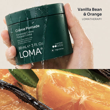 Wet Loma Crème Pomade jar with vanilla bean and orange aromatherapy imagery