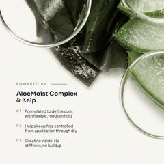 Loma Curvy Crème formula graphic featuring AloeMoist Complex and kelp for flexible medium-hold curls and frizz control