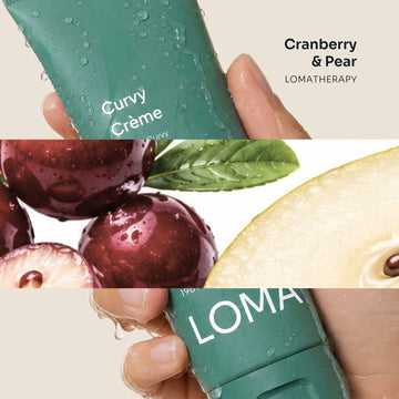 Loma Curvy Crème tube with cranberry and pear aromatherapy imagery