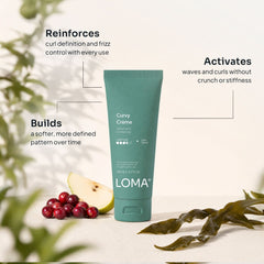 Loma Curvy Crème graphic showing curl definition, frizz control, and wave and curl activation