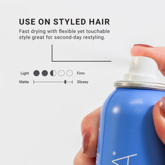Close-up of Loma Finishing Hairspray being applied to styled hair for flexible second-day restyling